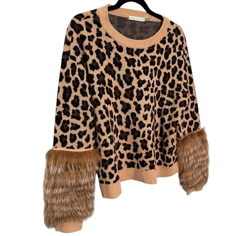 Alice + Olivia XS Sheila Fox Fur‎ Statement Sleeve Sweater Leopard Print Wool